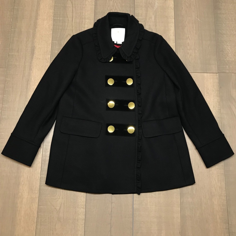 Kate Spade Pea Coat Jacket Womens Sz 8 Black Wool Old Money Quiet Luxury Button